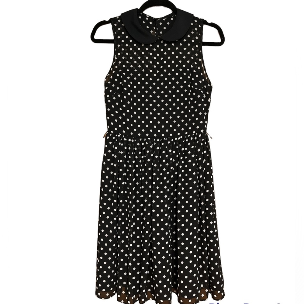 Betsy Johnson Black & White Polka Dot Above Knee Sleeveless Collared Dress Sz 2